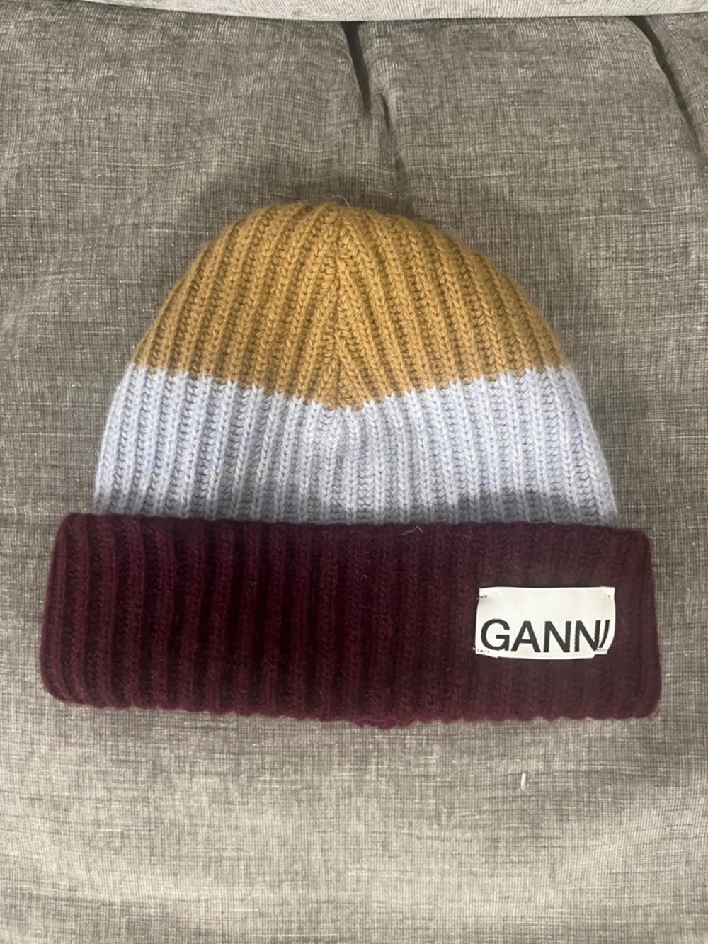Ganni Three-Tone Ribbed Beanie - Mustard, Light Blue & Burgundy